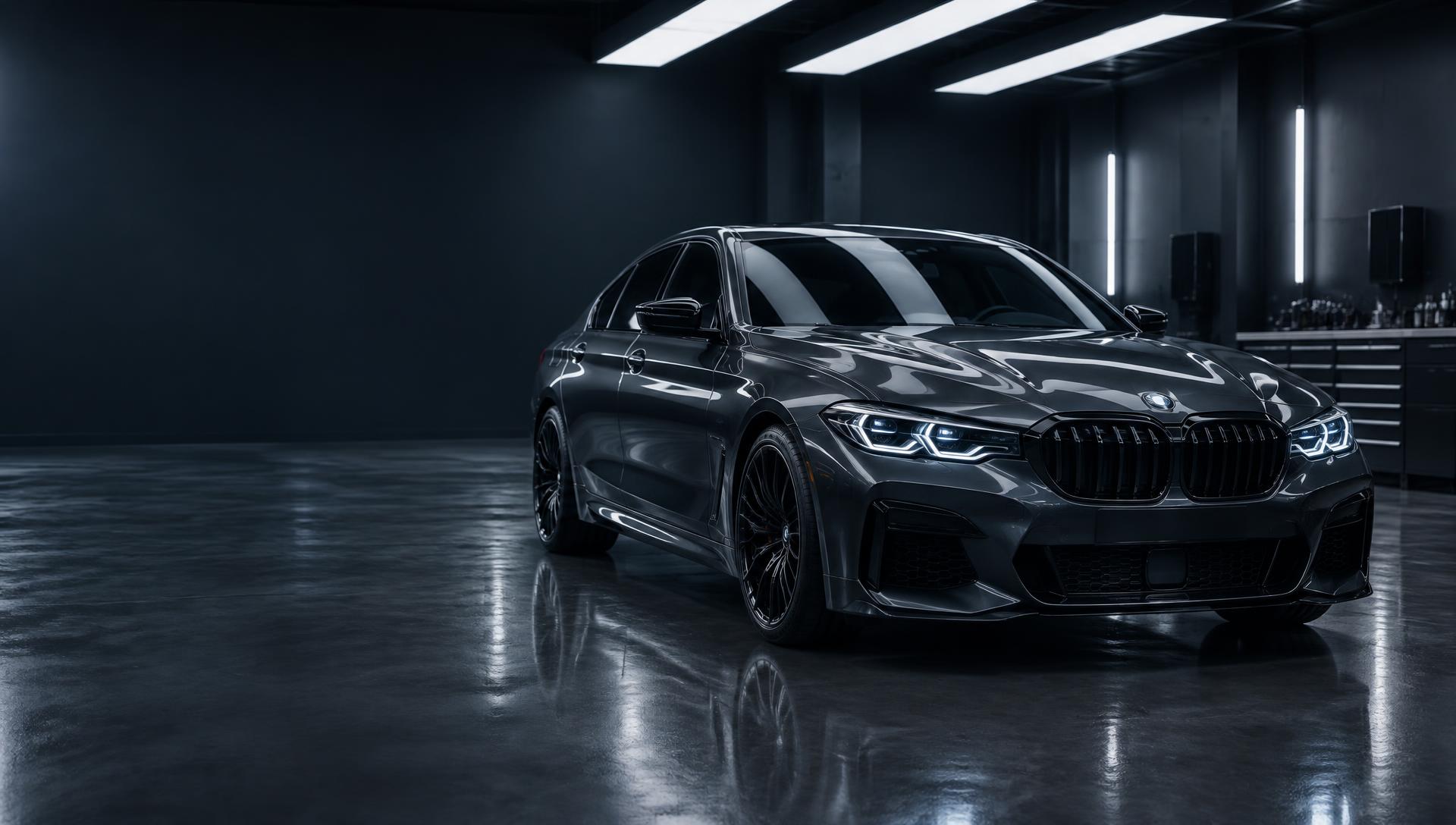 Graphite performance car under studio lights at Detail Dynamics